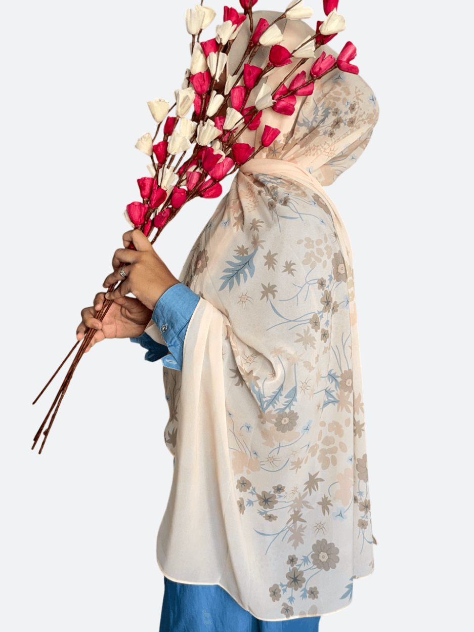 Beige Floral Chiffon Hijab