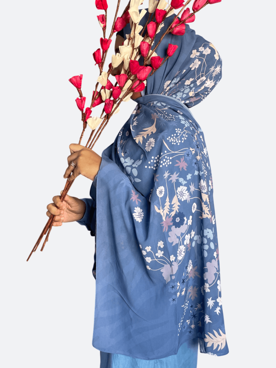 Denim Blue Floral Chiffon Hijab