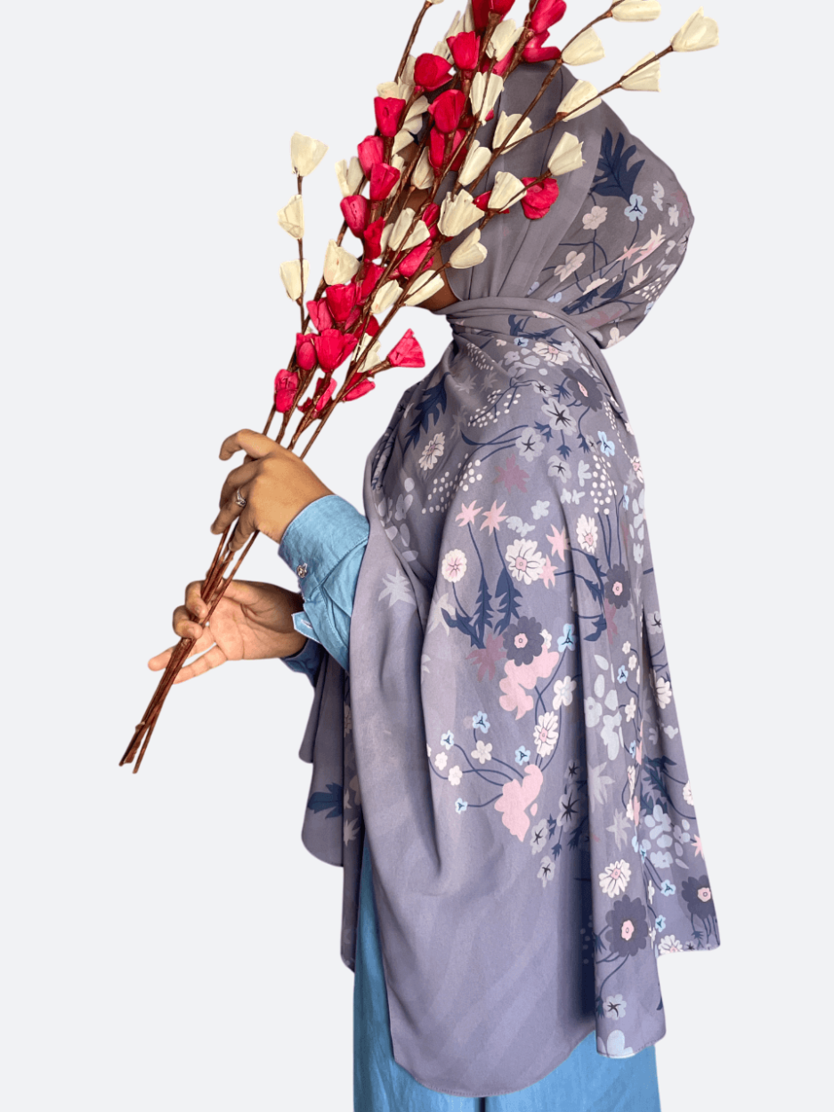 Purple Grey Floral Chiffon Hijab