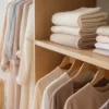 Neatly arranged neutral hijabs and modest outfits in a minimalist, well-lit capsule wardrobe closet.