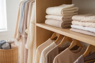 Neatly arranged neutral hijabs and modest outfits in a minimalist, well-lit capsule wardrobe closet.
