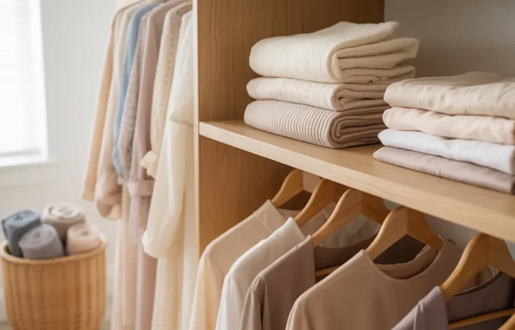 Neatly arranged neutral hijabs and modest outfits in a minimalist, well-lit capsule wardrobe closet.