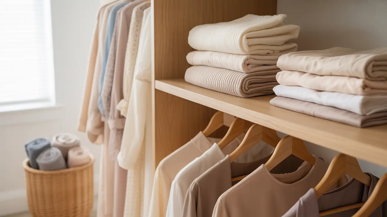 Neatly arranged neutral hijabs and modest outfits in a minimalist, well-lit capsule wardrobe closet.