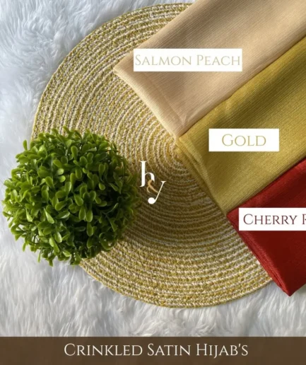 Crinkled satin hijab in salmon peach gold cherry red - lightweight festive scarf for women