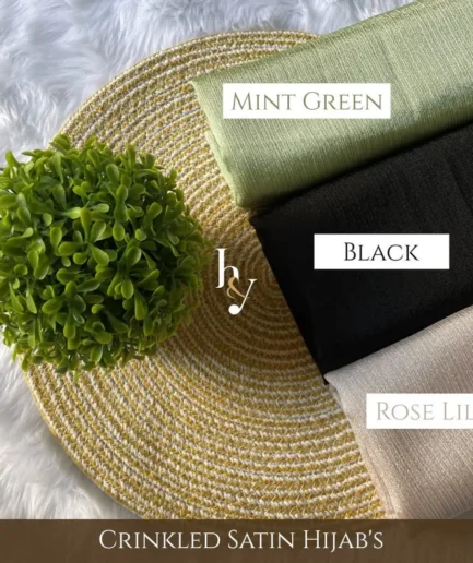 Crinkled satin hijab in mint green black rose lilly - lightweight silky scarf for women