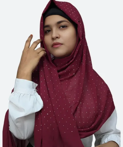 Rhinestone embellishment detail dark maroon chiffon hijab closeup