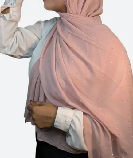 Rhinestone embellishment detail light pink chiffon hijab closeup