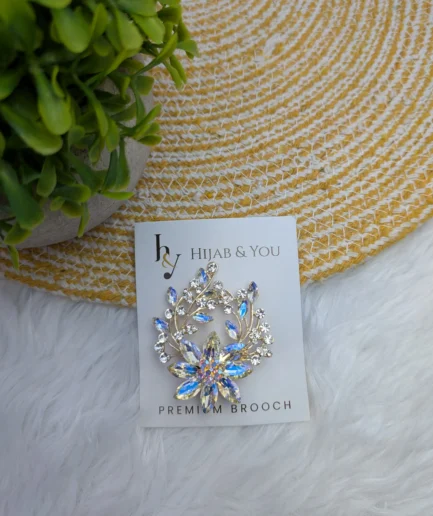 Iridescent aurora crystal brooch for hijab with radiant multi-color sparkle