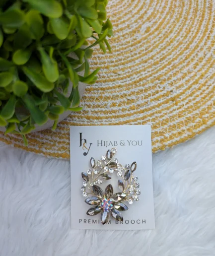 Silver crystal brooch for hijab with shimmering aurora design and secure clasp